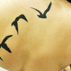 Femme a Reims dos nu avec tatouages oiseaux noirs delicats